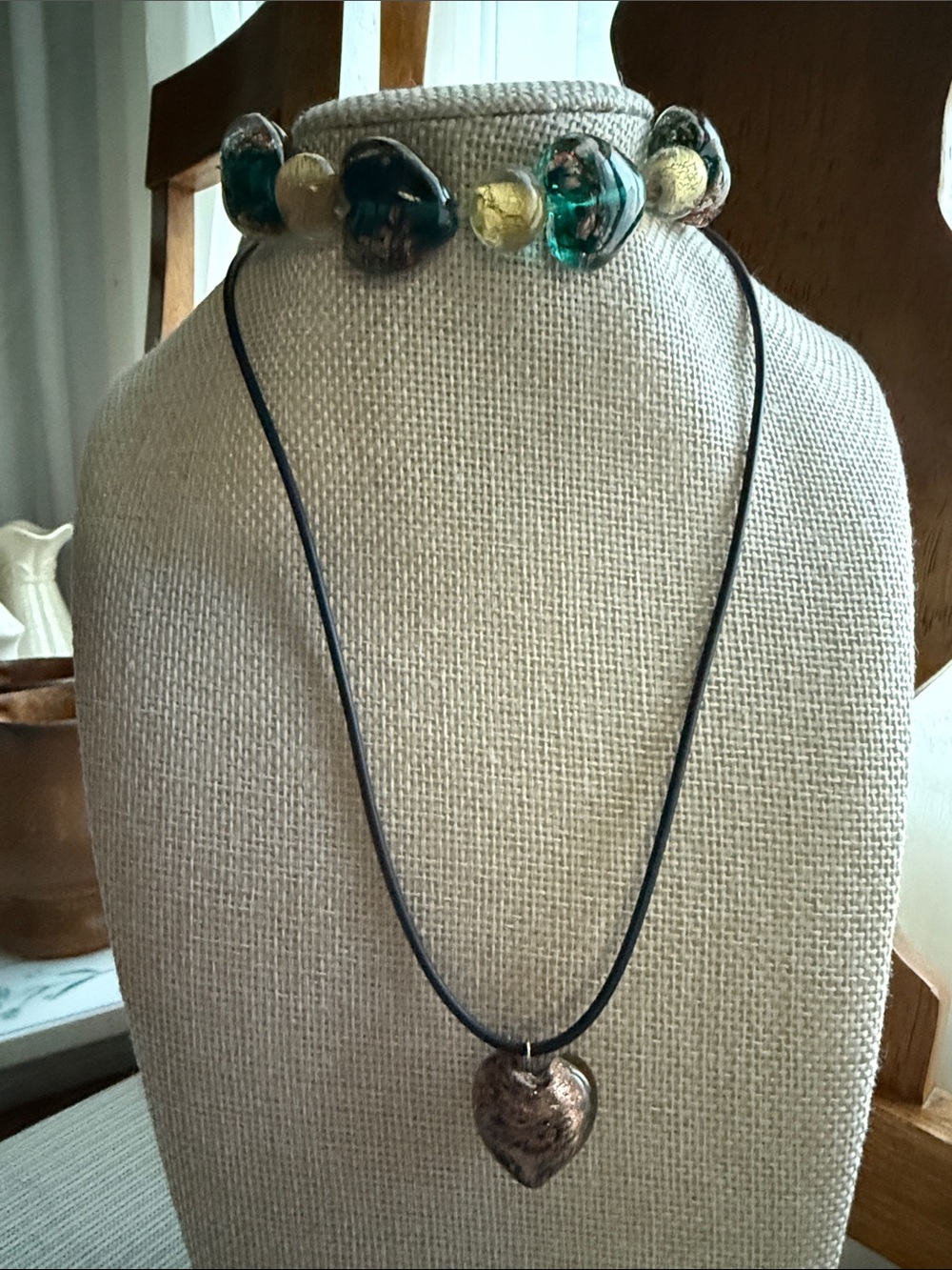 Dichroic Glass Heart Pendant Necklace & green gold stretch bracelet bracelet